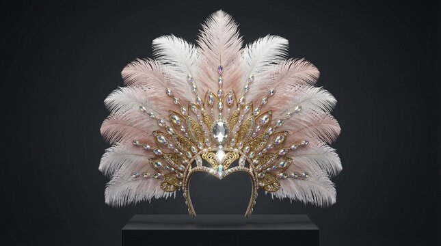 Elegant feathered carnival headdress sparkling with iridescent jewels and gold accents on a dark studio background for a festive performance concept