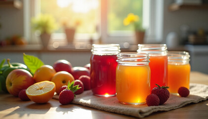Fresh fruit juices in jars with apples and raspberries on table 