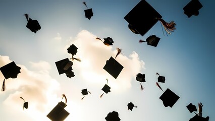 Graduation caps flying in air against blue sky.