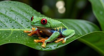 Fototapeta premium Green frog on a leafy branch.