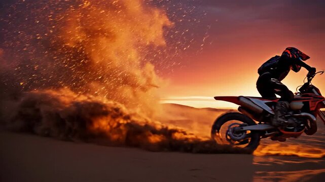 Motocross biker riding a sleek dart motorcycle across golden sand. Suitable for marketing or business purposes
