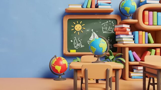 3D Cartoon School Classroom with Globos and Bookshelves