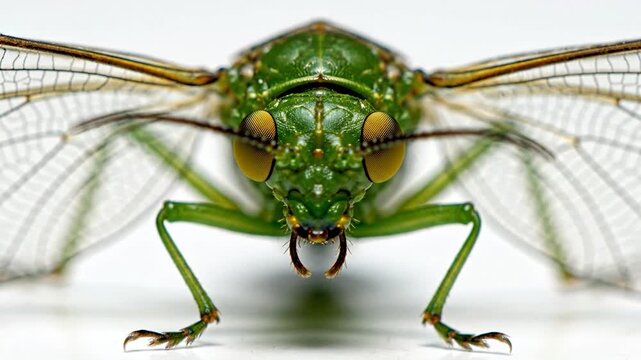 Green dragonfly close-up insect macro photography.