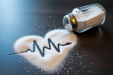 salt shaker spill on table with ecg heartbeat. Diet and blood pressure risk