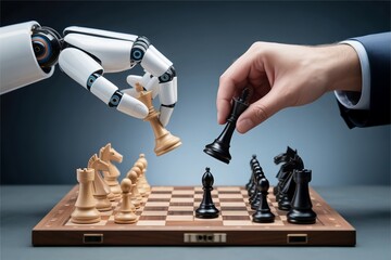 robot and person play chess. AI and human competition concept