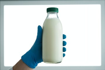 glove hand hold milk bottle at lab light. Dairy quality inspect