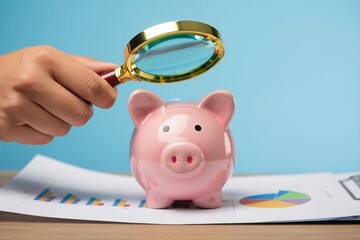 hand hold magnifier over piggy bank on business report. Finance audit check