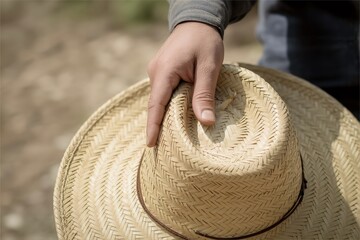 gardener hold straw sun hat under harsh sunlight