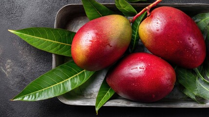 Three ripe mangoes with a mix of red and yellow skin rest on a tray. They are surrounded by green leaves illuminated by bright natural light on a dark background.