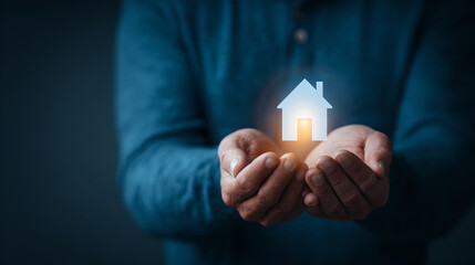 Man hands cupping glowing virtual house icon for security