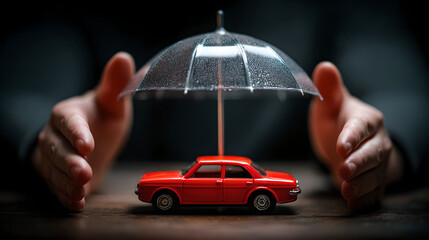 Hands shielding red toy car under transparent umbrella from rain droplets
