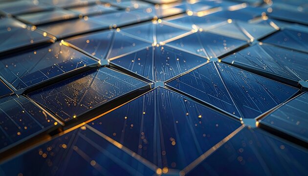 Abstract macro shot of a modern solar panel array with a futuristic triangular geometric pattern. Photovoltaic cells reflect golden sunlight, symbolizing clean renewable energy and sustainable tech. - Powered by Adobe