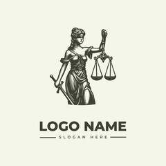 A grayscale illustration of the goddess of justice holding scales and a sword with a logo name and slogan on a beige background.