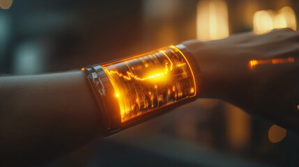 Futuristic wearable technology concept with glowing orange holographic data screen on wrist