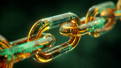 A digital blockchain concept with glowing golden chain links and embedded binary code, symbolizing secure data blocks in a decentralized ledger system.