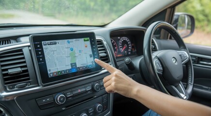 Driver using the digital map navigation system on a modern car's dashboard touchscreen while parked