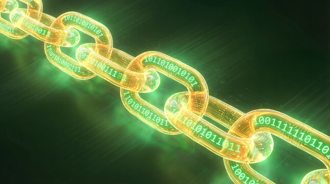 A digital blockchain concept with glowing golden chain links and embedded binary code, symbolizing secure data blocks in a decentralized ledger system. - Powered by Adobe