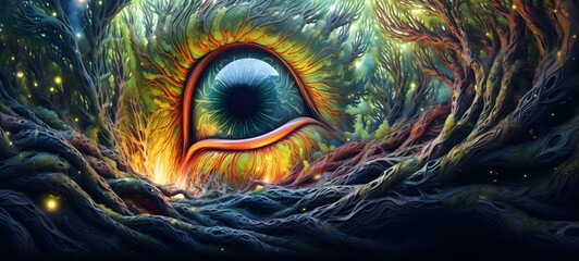 Pointillist grunge design of banyan monster with abstract dotted pattern,generative AI