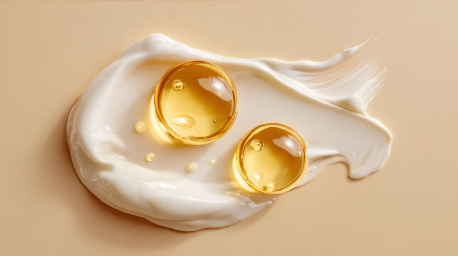 White Cosmetic Cream Smear With Golden Vitamin Oil Capsules