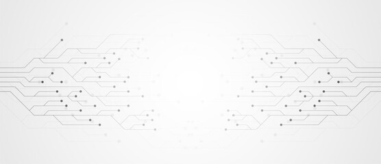 Circuit Board Electronics Digital Technology Banner Grey White. Microchip, Power Line, Blank Space, Central Computer Processors CPU And Motherboard Digital Chip