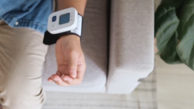 Senior man at home using a digital tonometer to check his blood pressure and pulse