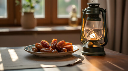 Lantern and dates on a table, evoking Ramadan and festive ambiance.