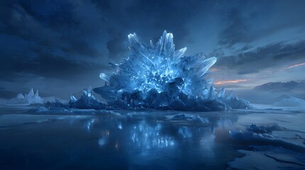 Majestic glowing ice crystal formation erupts from a frozen landscape under a dark starry night sky creating dramatic blue reflections on the icy water surface below