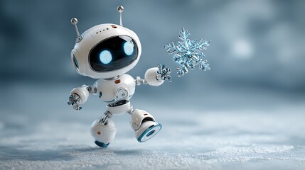 Cute small white robot character with glowing blue eyes curiously holding a shiny crystalline snowflake against a soft winter background