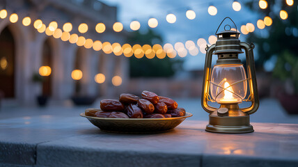 Dates and lantern with bokeh lights, suitable for Ramadan or Eid.