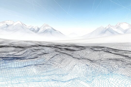 A wireframe landscape with mountains under a clear blue sky, showcasing a 3D representation of terrain.