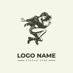 Naklejka premium Vector illustration of a dynamic woman jumping with flowing hair and clothing, with a placeholder logo name and slogan on a plain beige background.
