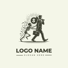 Naklejka premium A grayscale illustration of a businessman walking while talking on the phone with a skeleton reaching for a dollar sign, set against a plain background with a logo and slogan text.