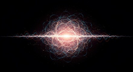 Abstract visualization of complex energy dynamics within a universal quantum field, displaying interwoven structures and light waves, data, motion, network