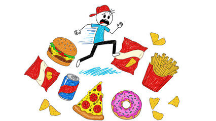 Dynamic Illustration of a Person Actively Running Away from an Assortment of Unhealthy Fast Food Items, Symbolizing a Conscious Choice Towards a Healthier Lifestyle and Diet