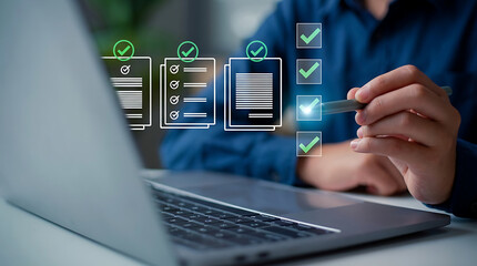Person using stylus pen to complete digital checklist on laptop screen for quality assurance task management and organizational workflow efficiency in modern corporate business office
