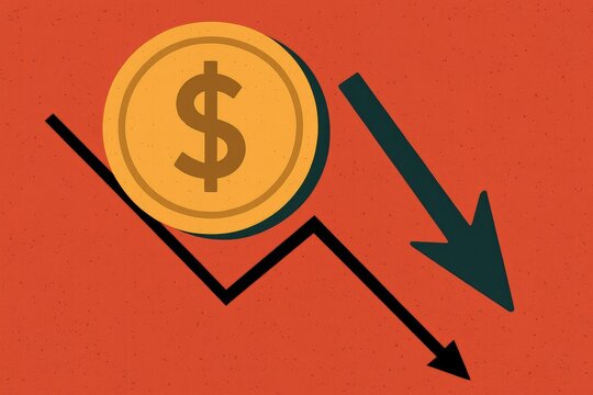 Arrow decrease chart pointing down concept stark representation decline golden emblazoned sign, dollar coin, financial market, currency value.