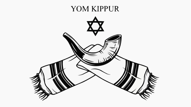 Yom Kippur Jewish holiday shofar and tallit with Star of David