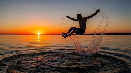 Silhouette of a man leaping into serene waters during a vibrant sunset a scene of freedom