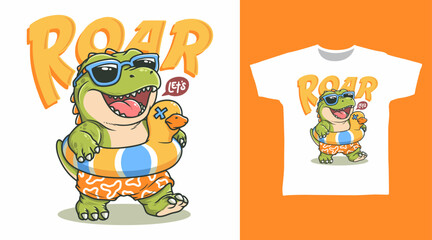 Cute dinosaur with balloon ring illustration hand drawn, vector ready for print on t-shirt and other uses.