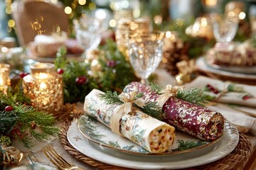 Elegant Christmas Holiday Table Setting with Festive Desserts Surrounded by Glittering Decorations and Cozy Candlelight for a Memorable Celebration