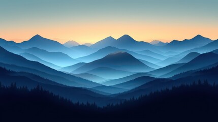 Fototapeta premium Serene sunrise over majestic mountain range, hazy blue hues, silhouettes of trees in valley.