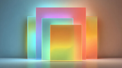 Abstract colorful glassmorphism background with overlapping frosted glass geometric shapes