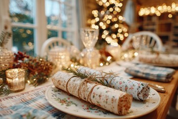 Elegant Holiday Dinner Table Setup with Festive Decor, Beautiful Plates, and Sparkling Lights Creating a Warm and Inviting Atmosphere for Family Gatherings