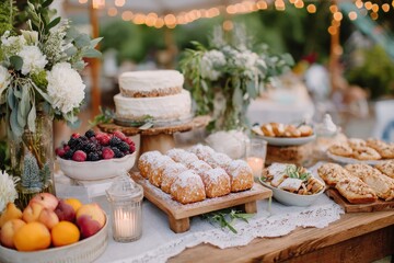 Elegant Outdoor Dessert Table Featuring Assorted Pastries, Fresh Fruits, and Floral Arrangements Under Romantic String Lights for Celebrations