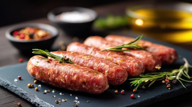 Sausages sit on a black stone board in a kitchen. They are placed beside small bowls of salt and pepper. Fresh herbs are used for garnish.