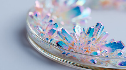 Beautiful iridescent aura quartz crystal cluster on a reflective glass surface with soft rainbow colors