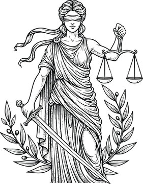 A black and white line art drawing of the blindfolded goddess Lady Justice holding her scales and sword.