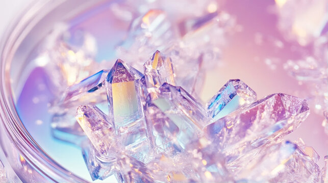 Beautiful iridescent aura quartz crystal cluster on a reflective glass surface with soft rainbow colors - Powered by Adobe