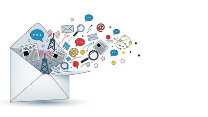 Email Marketing and Communication Concept with Icons Flying Out of an Envelope.