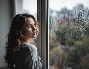 雨の日の窓辺で物憂げな表情を浮かべる若い女性